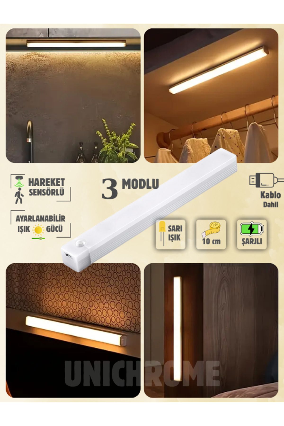 Hubstein Hareket Sensörlü Tüp Ledli Şarjlı Sarı Led Auto Mod Dolap Içi, Koridor, Tezgah Altı 10cm
