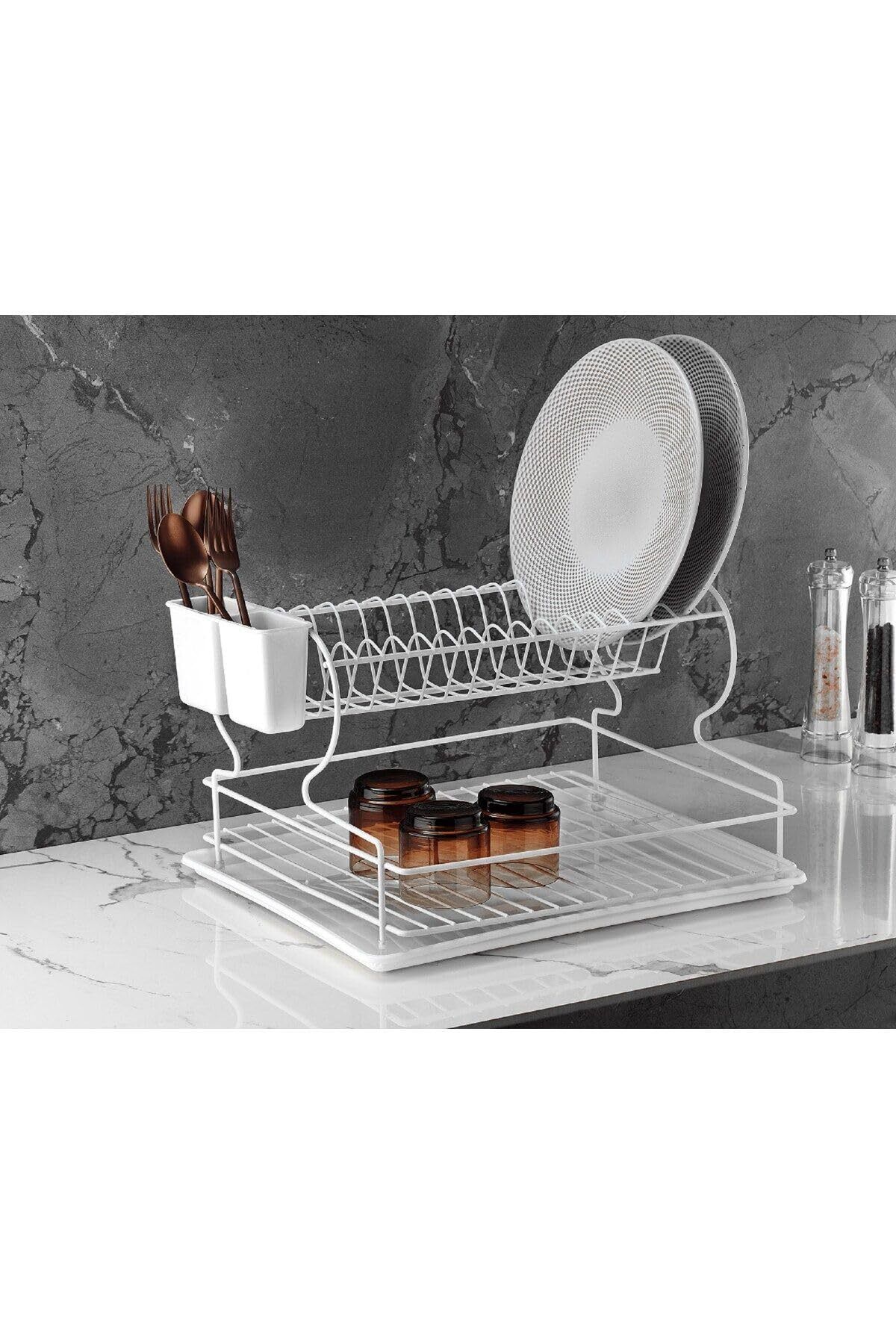 MCreative Haus Ömür Boyu Paslanmaz Bulaşıklık Bulaşık Sepeti Ikili Tabaklık Termo Plastik Kaplama Beyaz