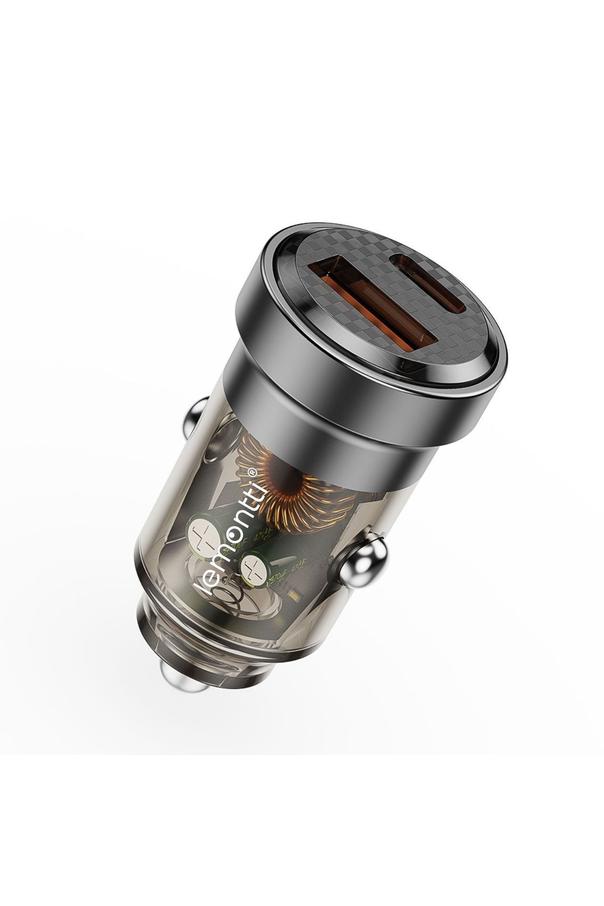 lemontti Incarcator Auto Fast Charge 45w 2 Porturi Pd Type-c 45w Usb-a Qc 3.0 Transparent / Negru - One Size