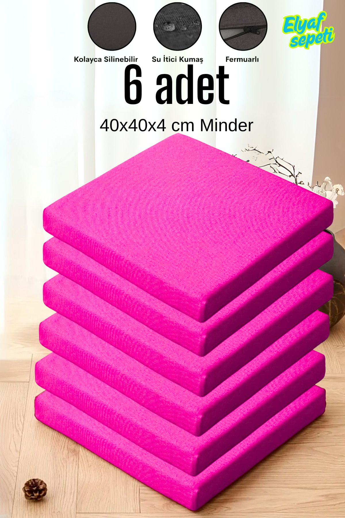 Elyaf Sepeti 6'lı Sandalye Minderi Fermuarlı Su Itici Kumaş 40x40x4 Cm Sünger Sandalye Minderi PEMBE