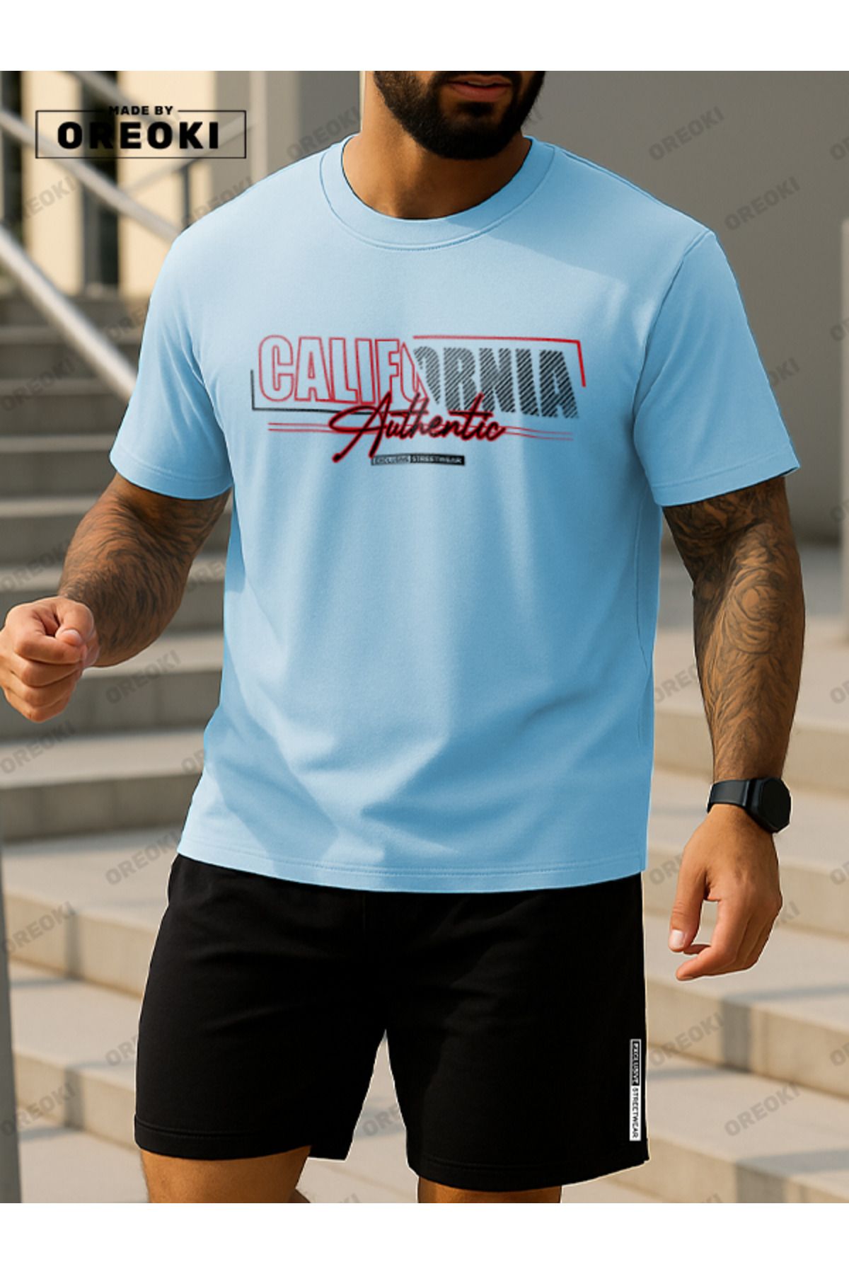 EFFRENATU Kaliforniya Otantik Baskılı Pamuklu Kumaş Erkek Açık Mavi T-shirt-Siyah Şort Takım