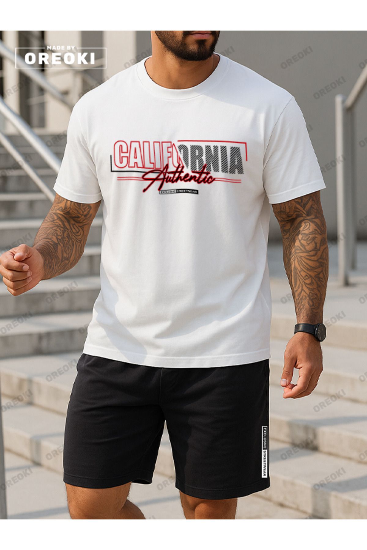 EFFRENATU Kaliforniya Otantik Baskılı Pamuklu Kumaş Erkek Beyaz T-shirt-Siyah Şort Takım
