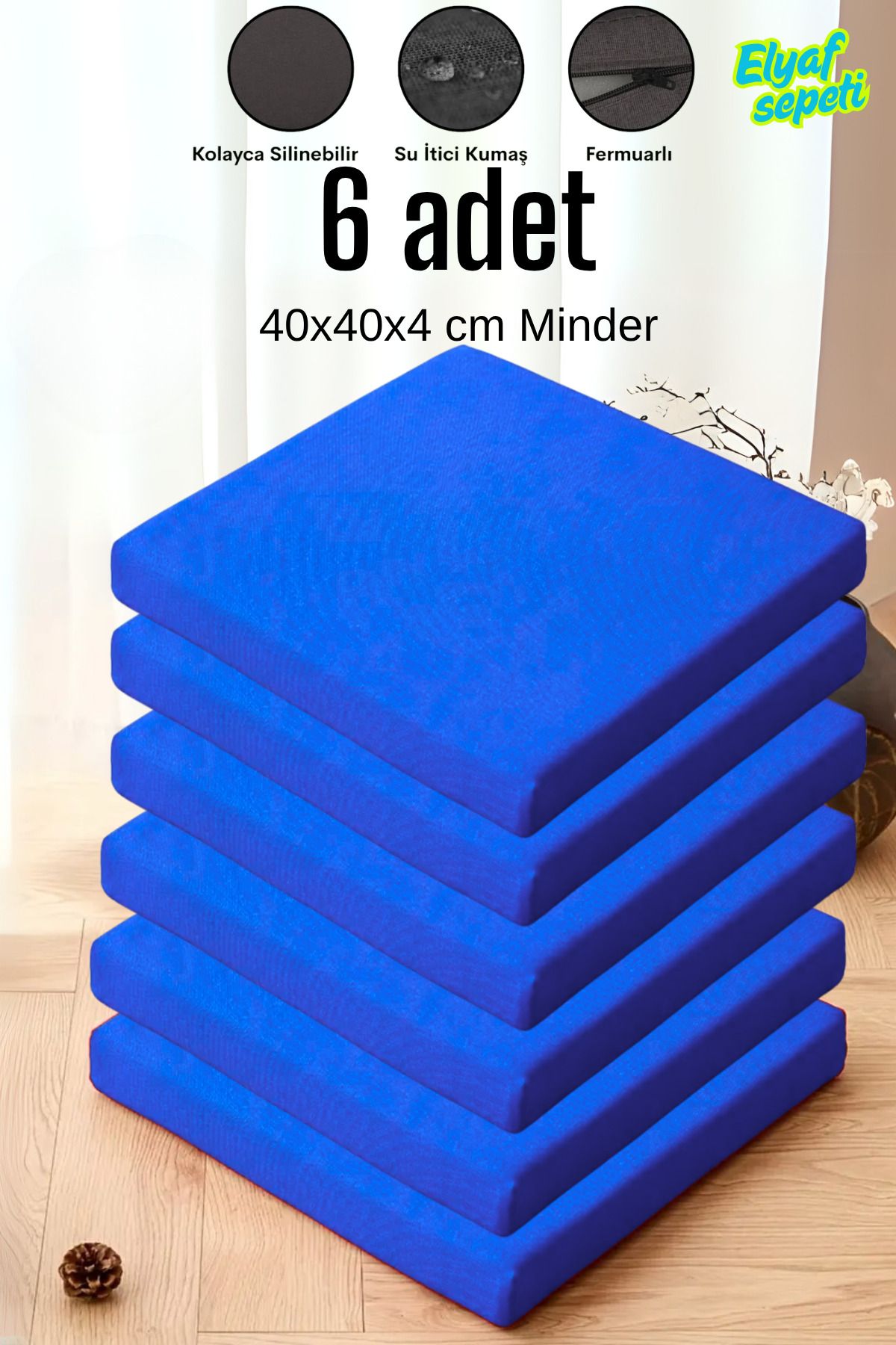 Elyaf Sepeti 6'lı Sandalye Minderi Fermuarlı Su Itici Kumaş 40x40x4 Cm Sünger Sandalye Minderi Saks Mavi