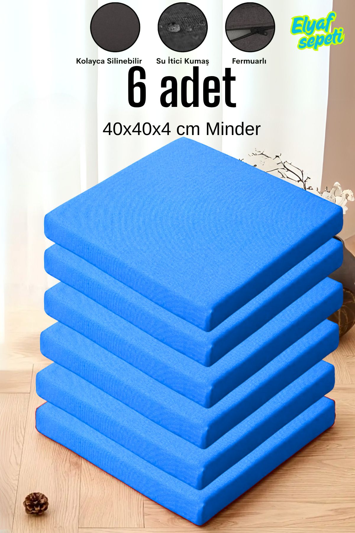 Elyaf Sepeti 6'lı Sandalye Minderi Fermuarlı Su Itici Kumaş 40x40x4 Cm Sünger Sandalye Minderi Turkuaz