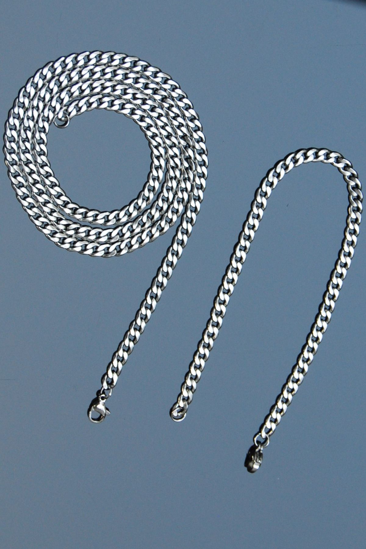 Rua Jewelry Gurmet Model Zincir Paslanmaz Çelik Kolye & Bileklik Gümüş Renk 65 cm Kolye/ 21 cm Bileklik- 3mm