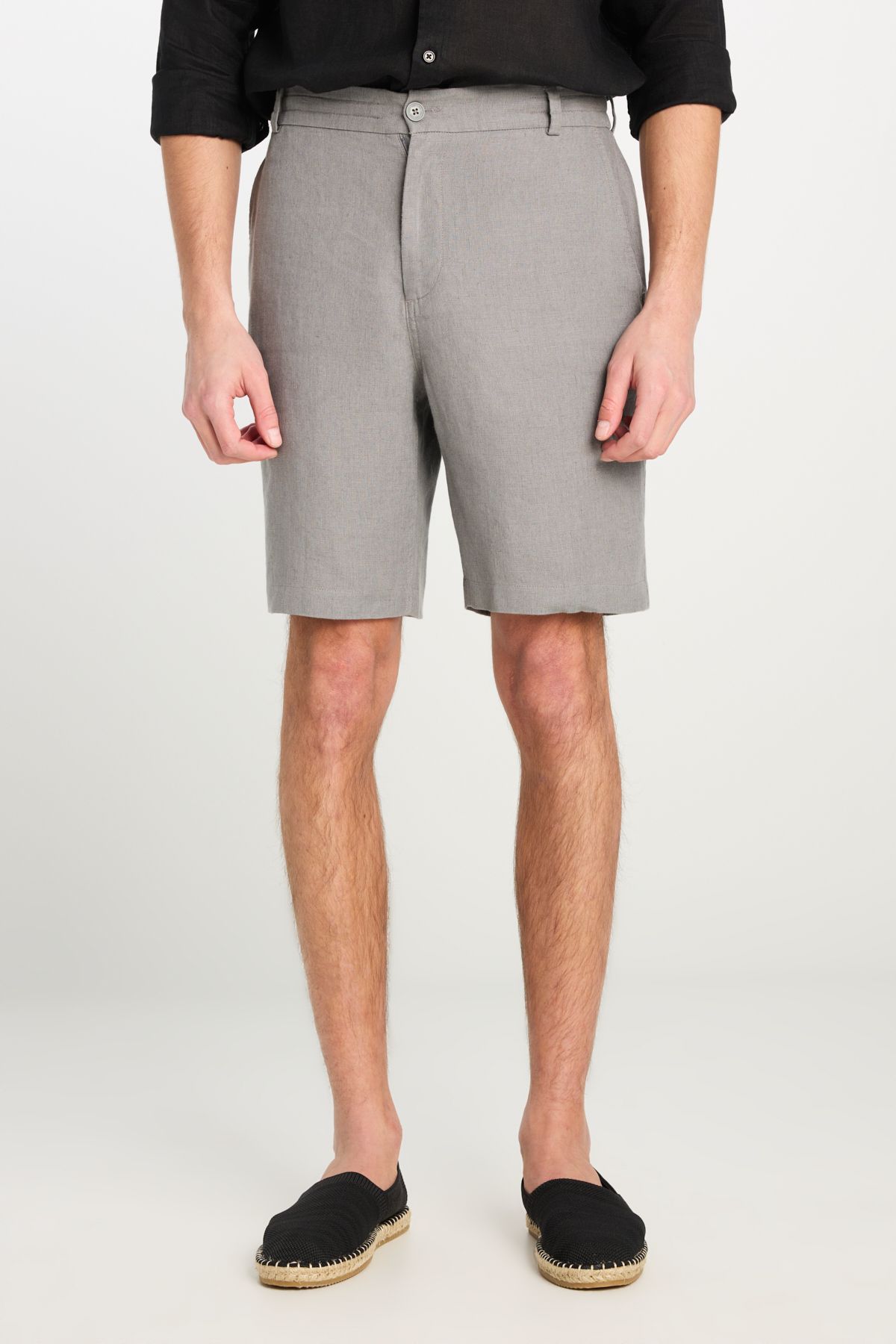 Lee-100% Linen Regular Fit Regular Cut Dark Gray Shorts with Elastic Waist Detail 3