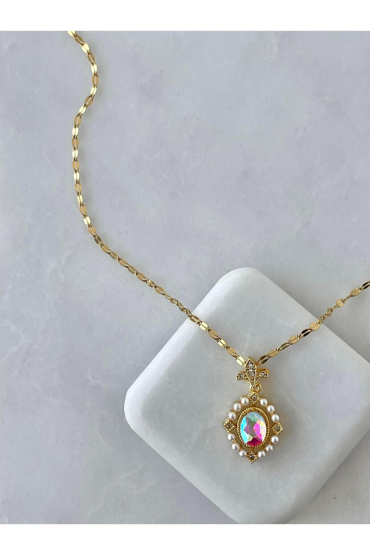 Seda Bijuteri Çelik Renkli Kristal Taşlı ve İncili Kolye Gold