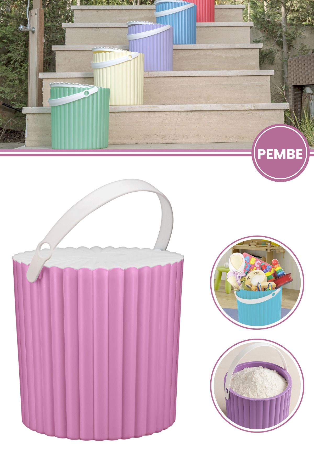 12den Kulplu Kapaklı Çok Amaçlı Kova 12 Lt, Un Bakliyat Deterjan Oyuncak Temizlik Kovası (25x25cm) Pembe