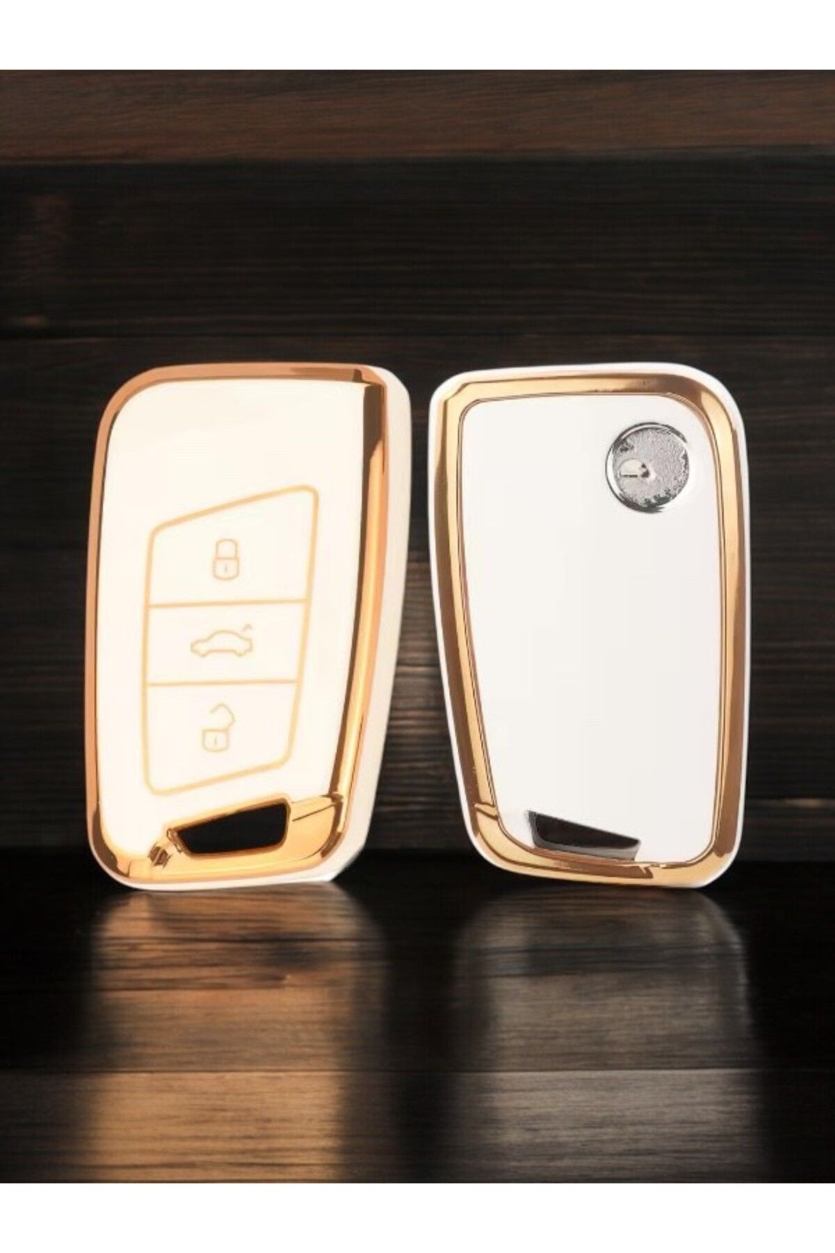umayebar Volkswagen Passat B8 Skoda Nano Kart Box Oto Anahtar Kumanda Kabı Kılıfı Oto Anahtarlık Beyaz-Gold