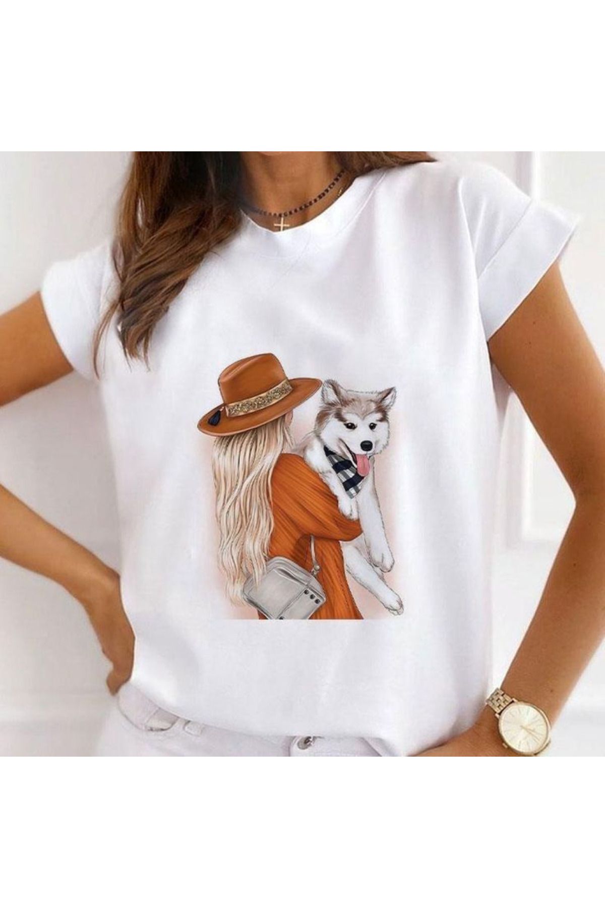 aynewmoda Erkek T-shirt, Kız ve Köpek Baskılı T-shirt, Günlük Kısa Kollu T-shirt