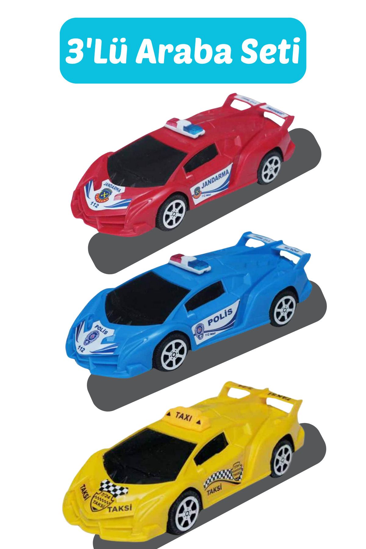Ka-Toys 3’lü Oyuncak Yarış Arabası Seti – Polis, Taksi, Jandarma – 17 cm – Hareketli Tekerlekli Araçlar