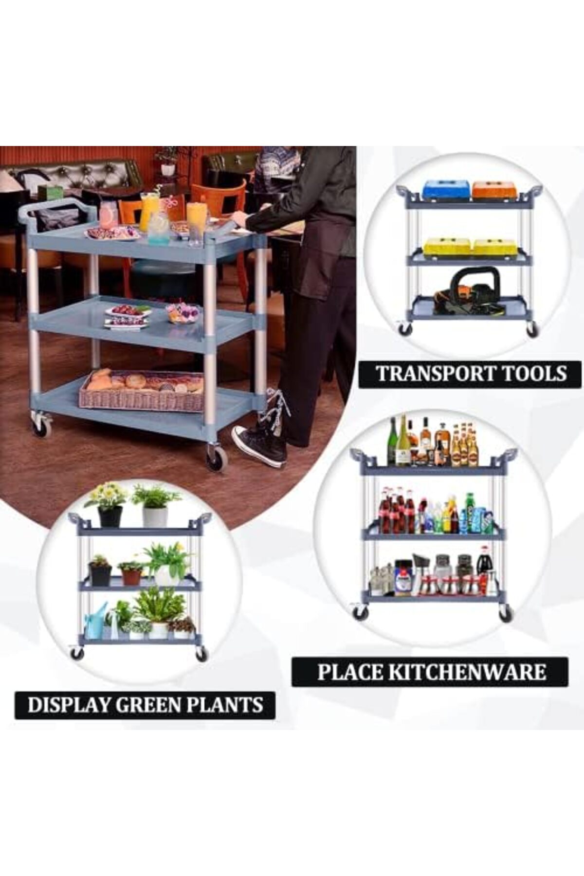 عربة خدمة 3 طبقات قوية بعجلات قابلة للقفل,سعة 500 باوند، متعددة الاستخدام للمطبخ والمكتب و المطاعم