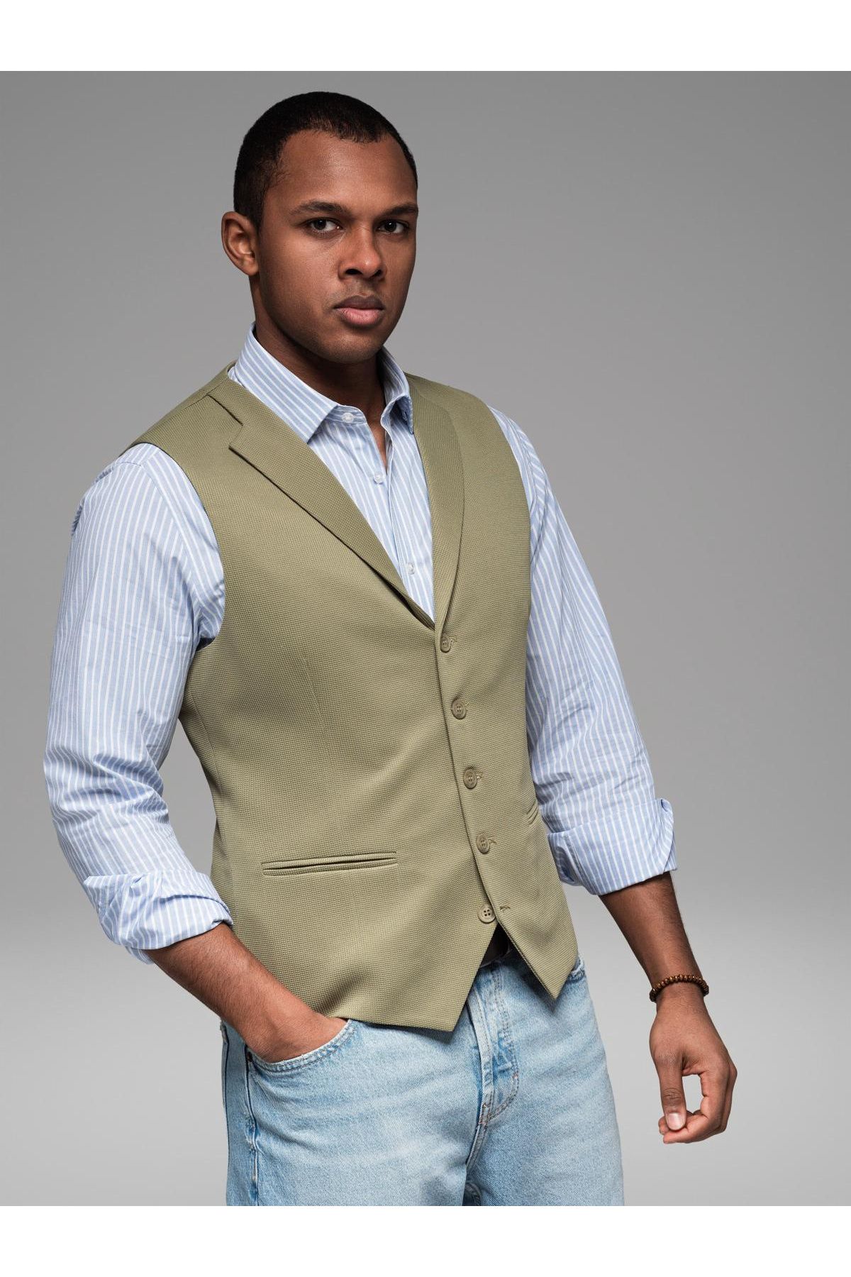 OMBRE-Taillierte Herren Strukturstrickweste mit Revers - oliv V1 OM-BLZV-0144 XL 4