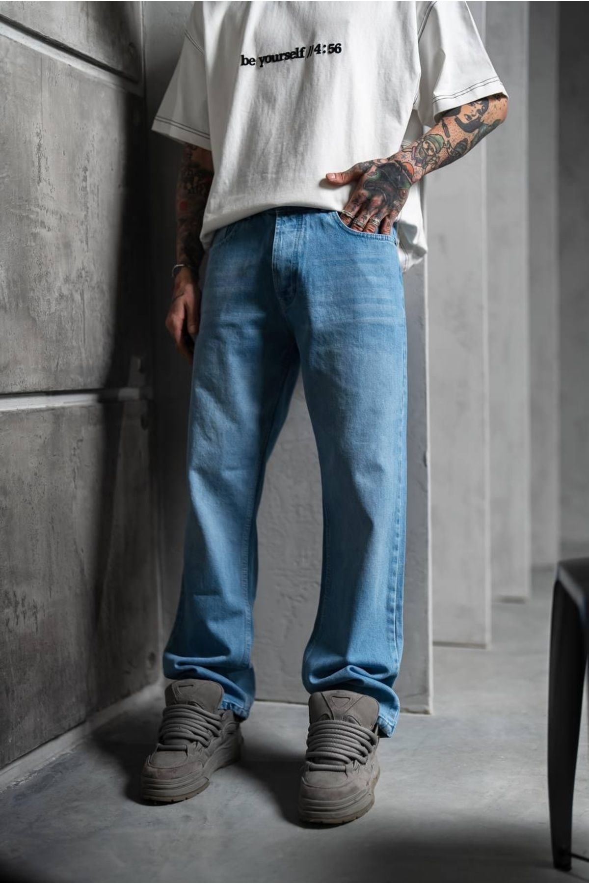 oraystore Taşlamalı Mavi Baggy Pantolon