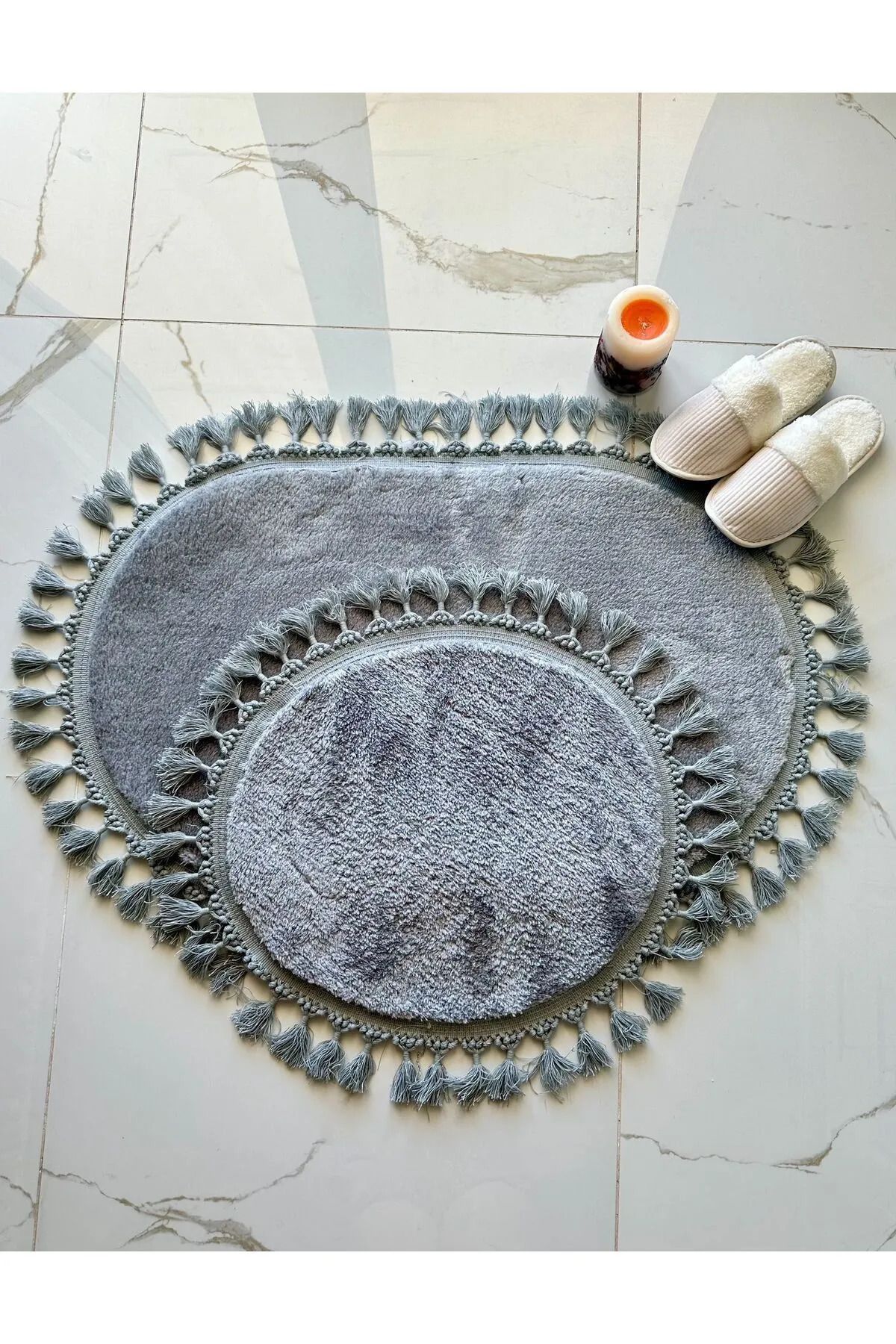 BSB HOME LİVİNG Puffy Peluş Makinede Yıkanabilir Oval Saçaklı Modern Oval Klozet Takımı Gri 60 x100-60x50
