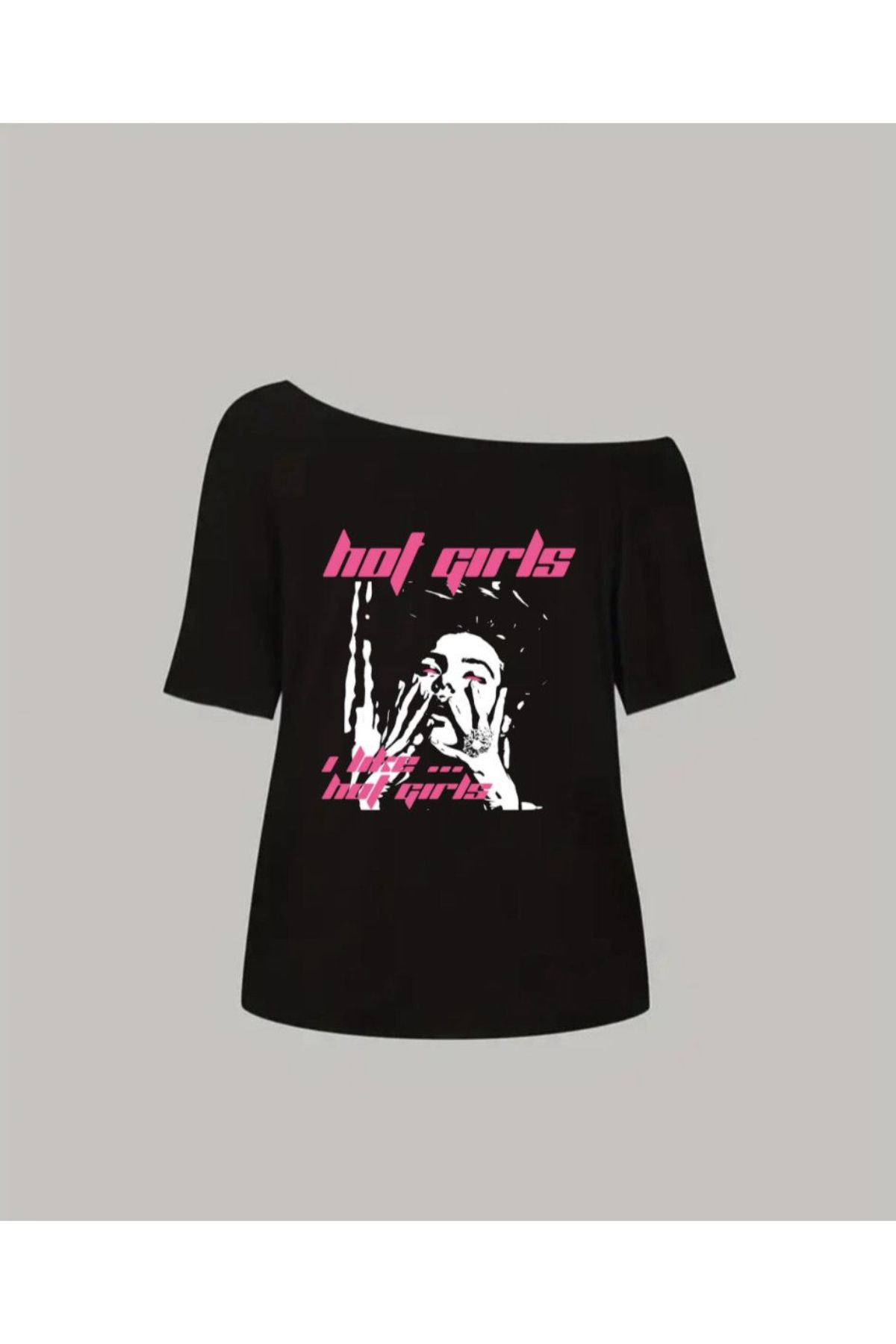 npLStore Kadın Düşük Omuz Kayık Yaka Baskılı T-shirt