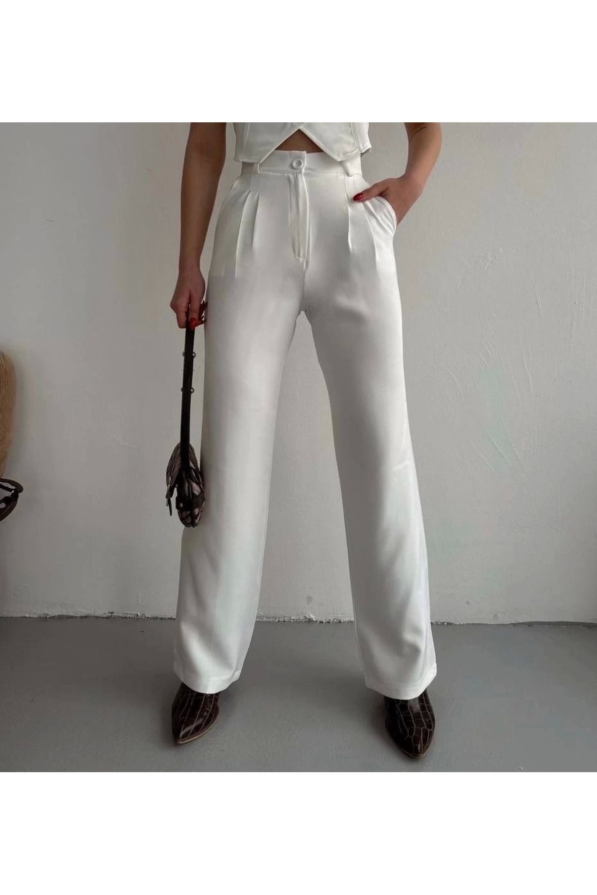 BellevieStore Palazzo pantolon beyaz s23211