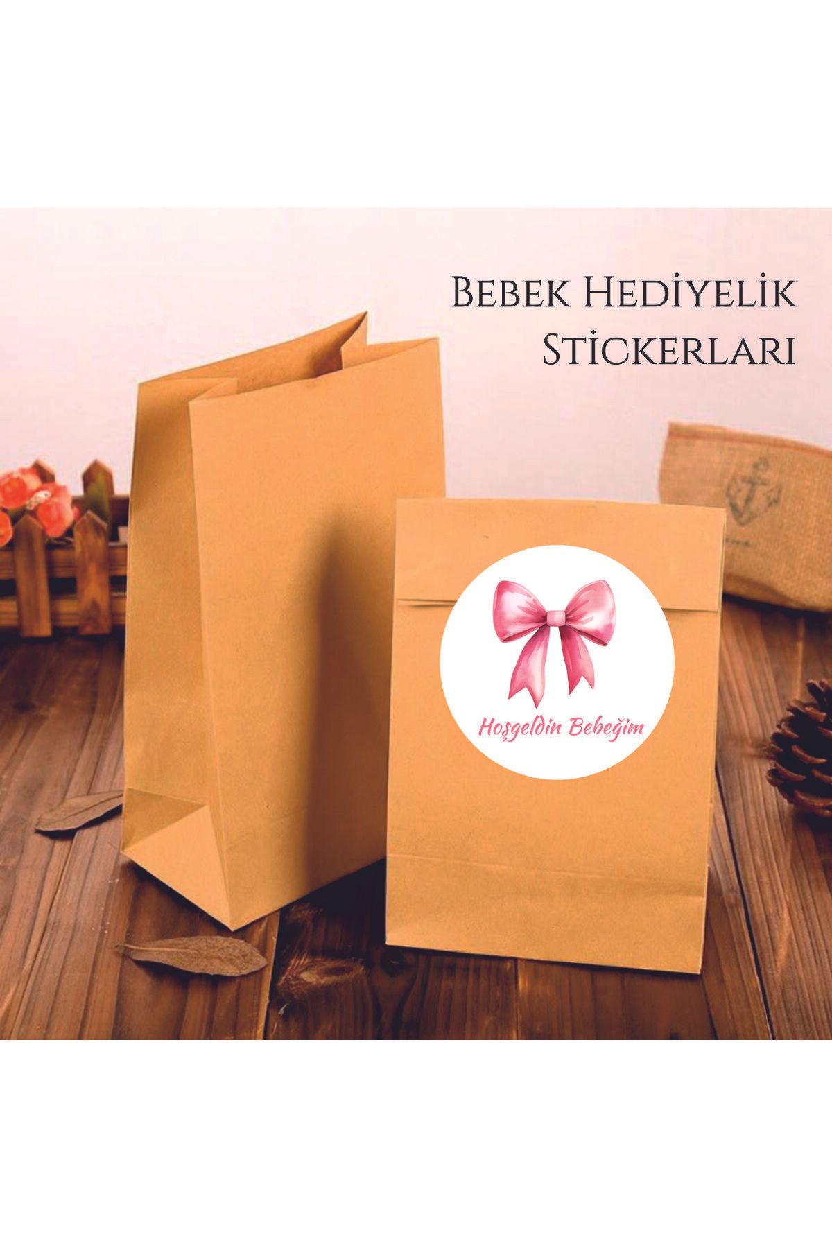 ETİKETİM Pembe Fiyonklu Bebek Sticker 4 CM - 70 ADET