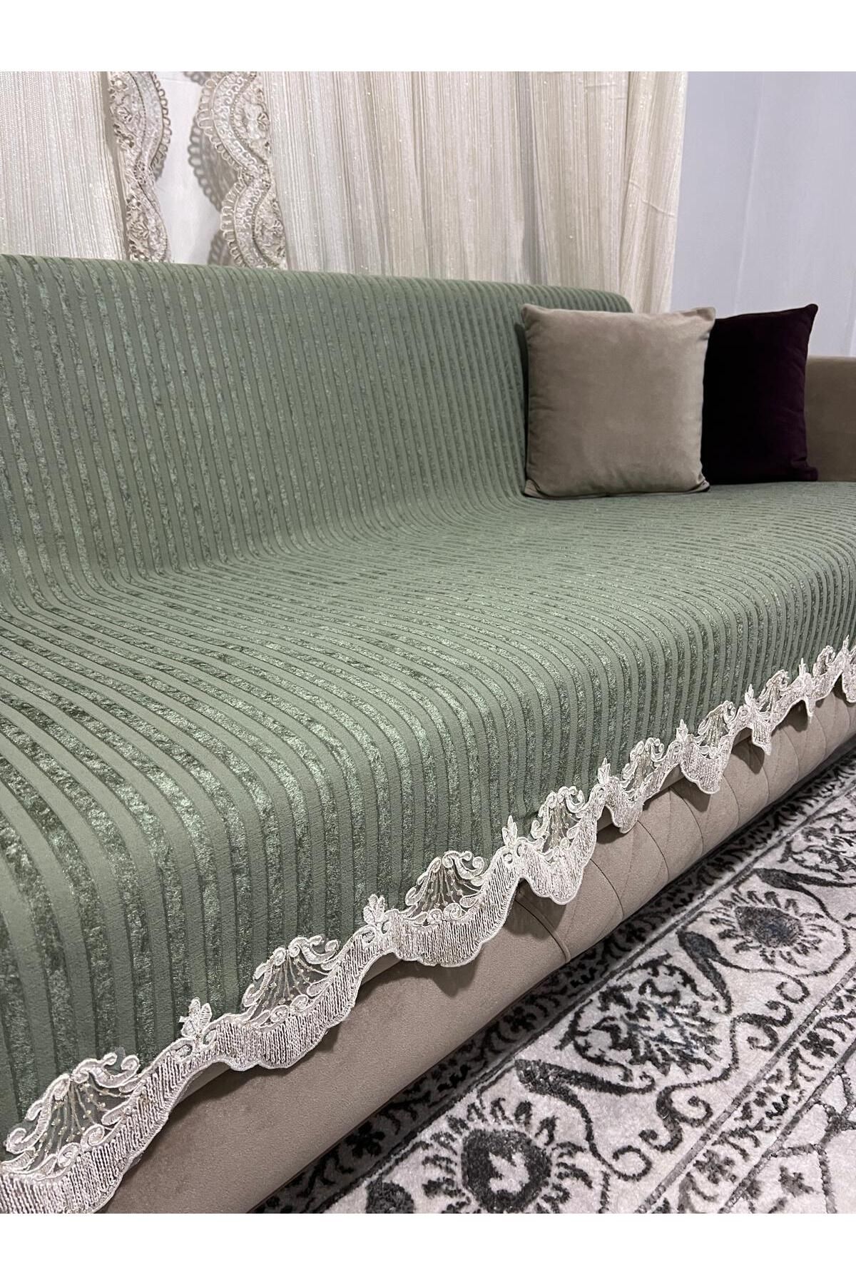 DECORA CASA HOME COLLECTİON Dantelli Çizgili Süngerli Kadife Kaymaz Çekyat Koltuk Örtüsü 170 x 210