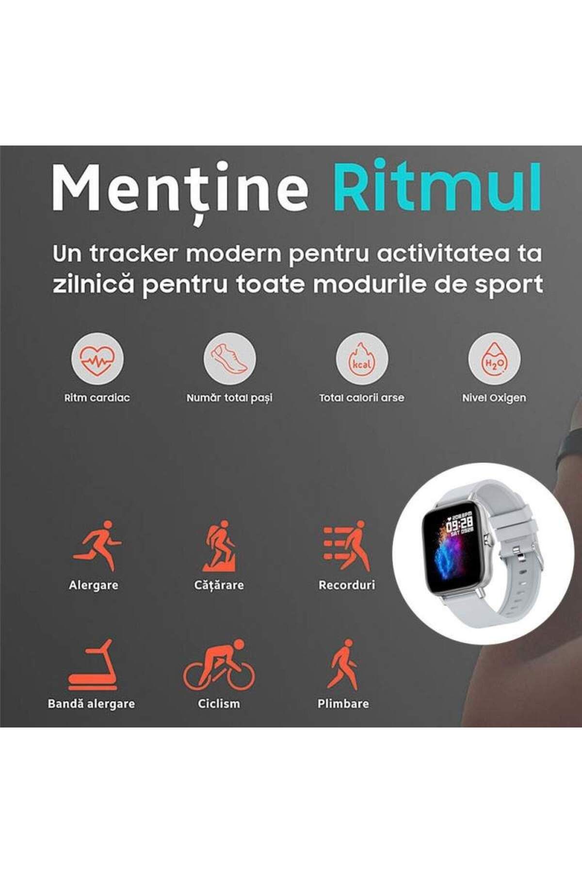 SIKS-Ceas inteligent, termometru, saturație oxigen, ritm cardiac, tensiune arterială, iOS/Android, argintiu 6