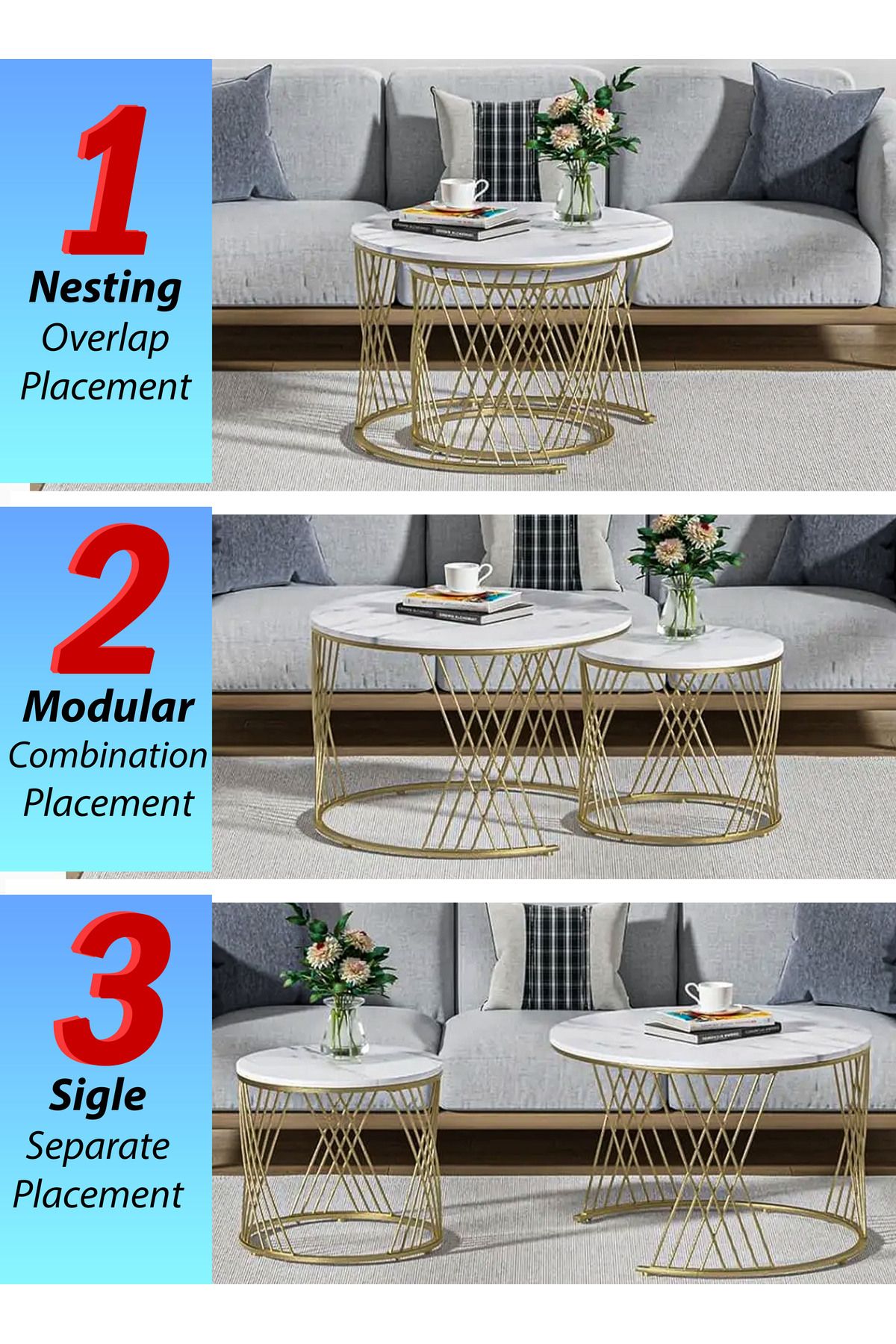 DBLEW-Set of 2 Modern White Faux Marble Finish Round Nesting Coffee Table Side Stackable Accent Tea Tables 5