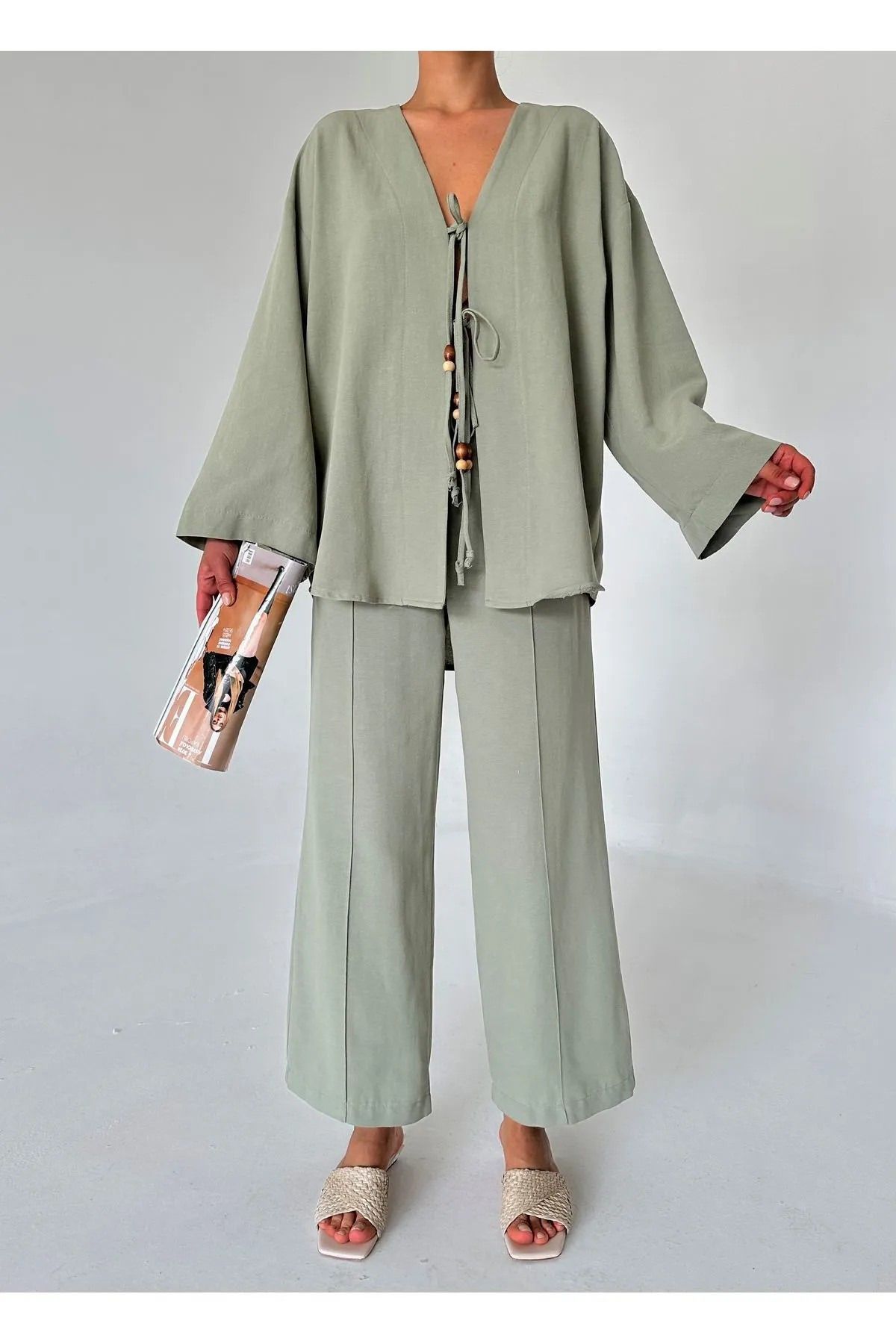 My Blog Çağla Boncuklu Kimono Keten Takım - 8321