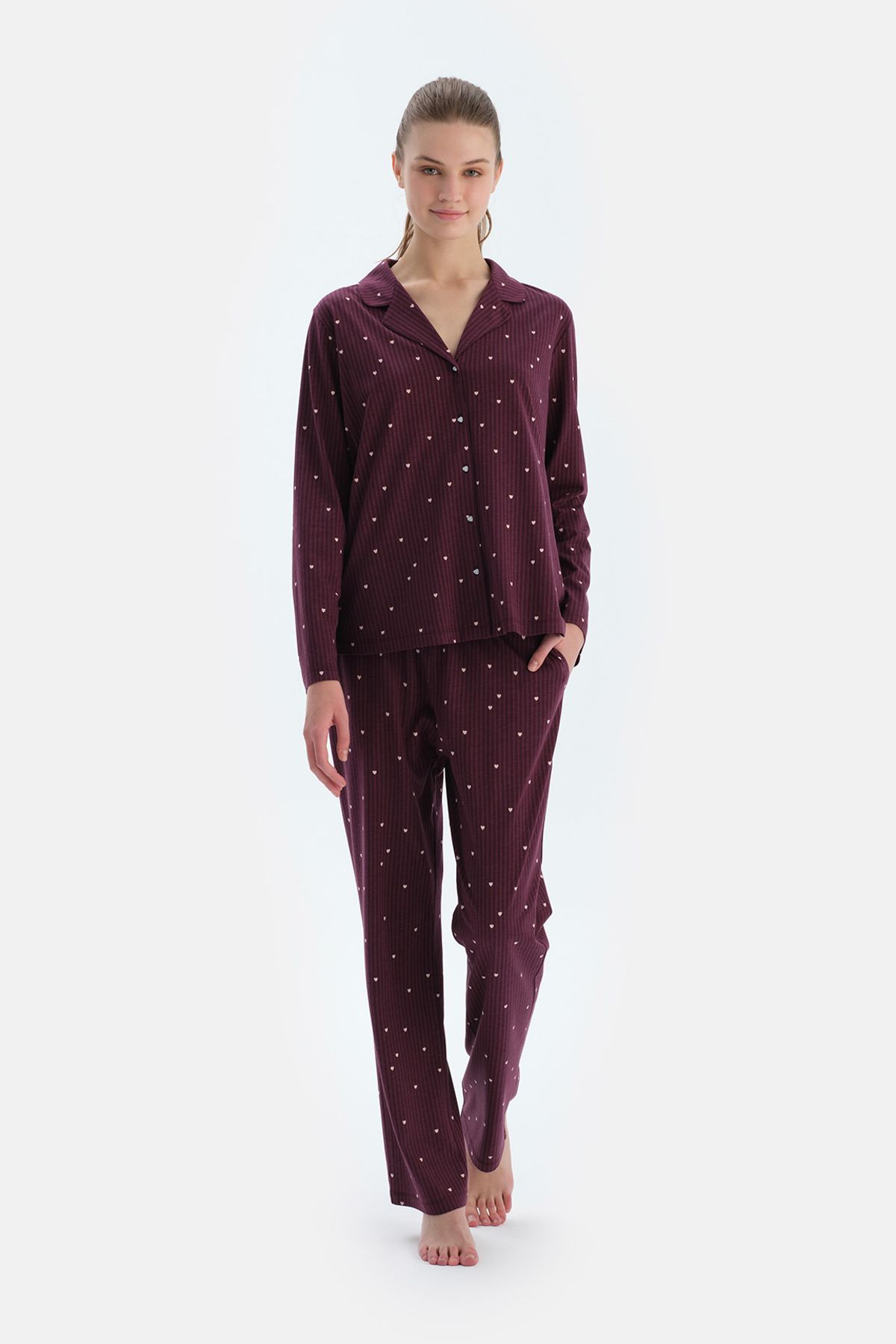 Dagi Bordo Kalp Ve Çizgi Baskılı Penye Modal Gömlek Pantolon Pijama Takımı