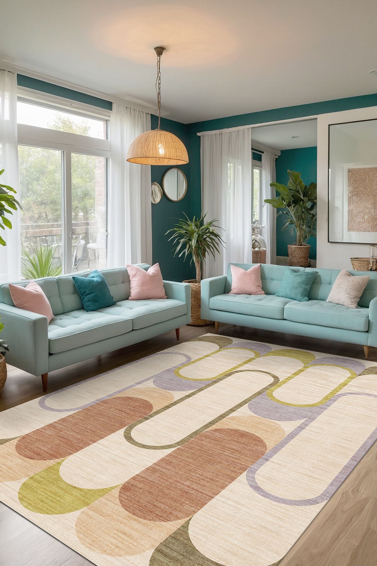 AIDA HOME Graf Modern Desenli Pamuk Tabanlı Yıkanabilen Kaydırmaz Antibakteriyel Şönil Salon Halısı