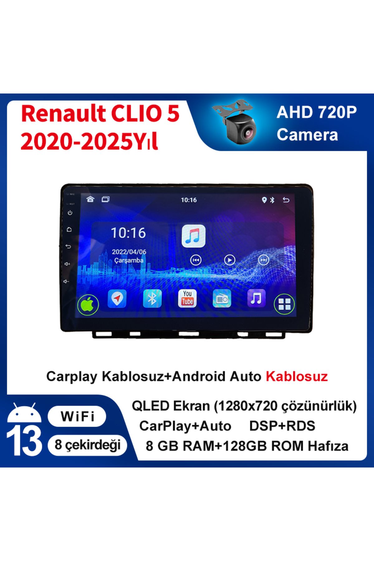 coni Renault CLIO 5 2020-2025Yıl 8GB Ram 128GB Rom Multimedya Kablosuz Carplay Navigasyon kamera hediye