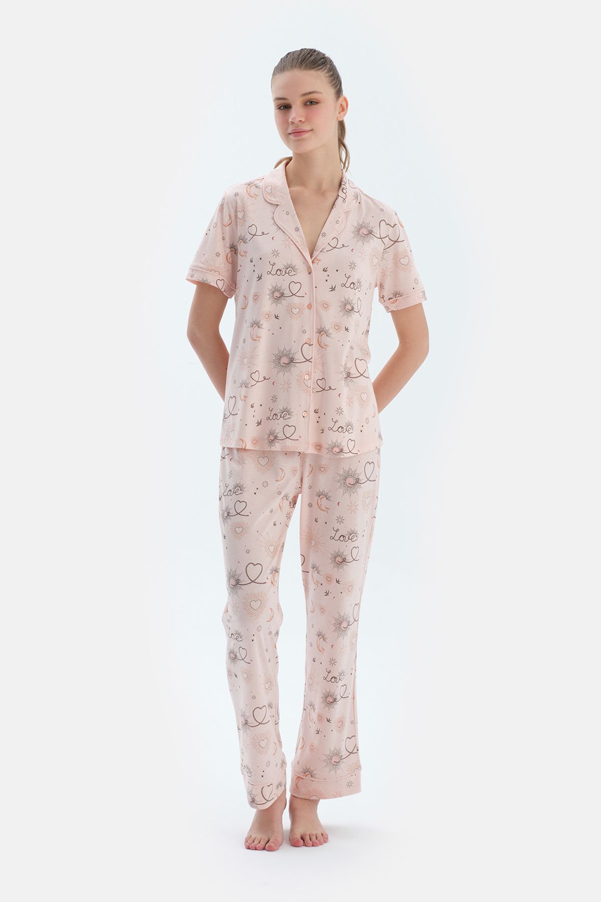 Dagi Pembe Metraj Baskılı Penye Modal Gömlek Pantolon Pijama Takımı