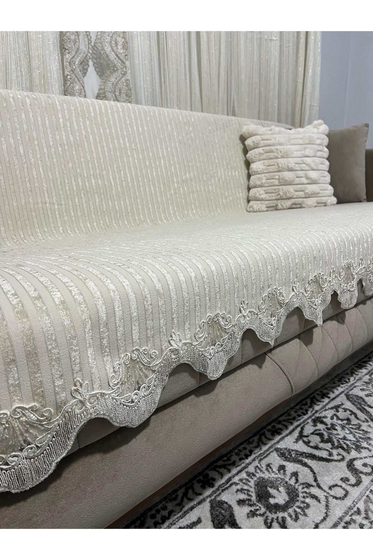 DECORA CASA HOME COLLECTİON Dantelli Çizgili Süngerli Kadife Kaymaz Çekyat Koltuk Örtüsü 170 x 210