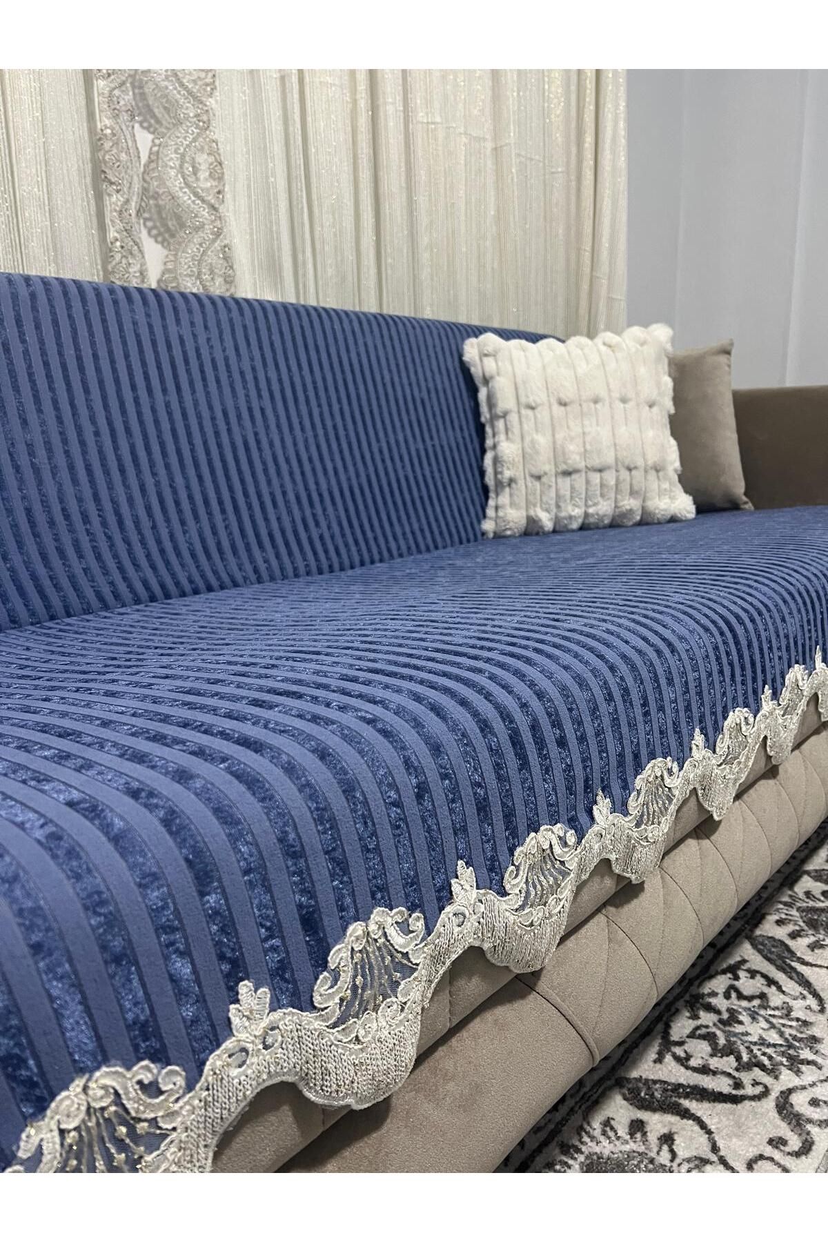 DECORA CASA HOME COLLECTİON Dantelli Çizgili Süngerli Kadife Kaymaz Çekyat Koltuk Örtüsü 170 x 210