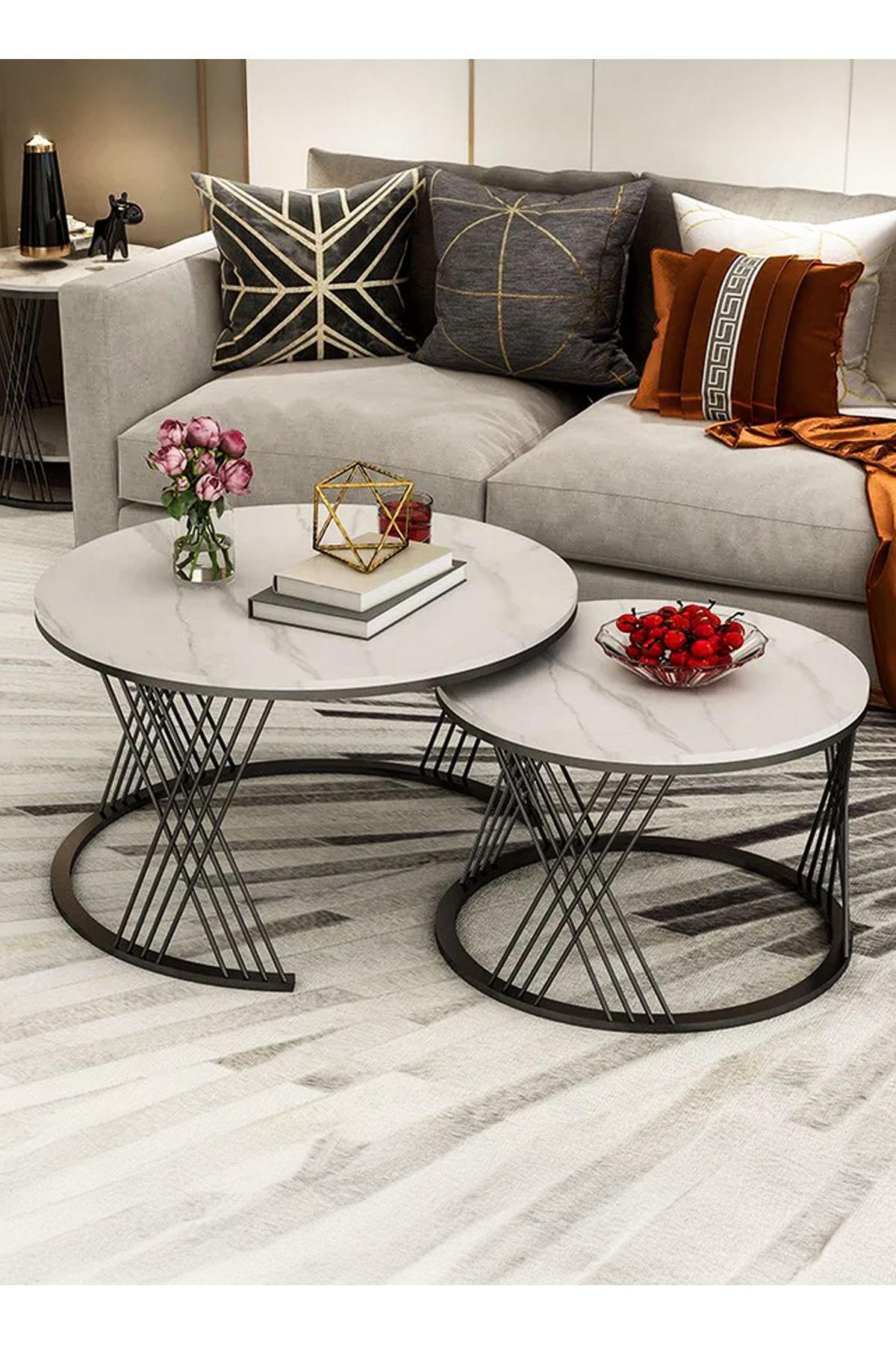 DBLEW-Set of 2 Modern White Faux Marble Finish Round Nesting Coffee Table Side Stackable Accent Tea Tables 6