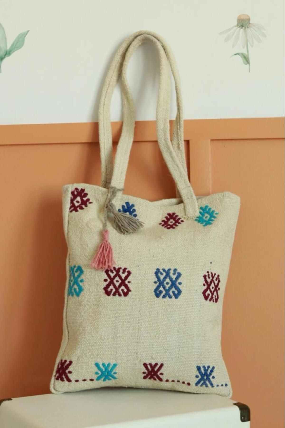 DesignEv Vintage El Dokuma Türk Kilim Çanta, Boho Stili Omuz Çantası, Benzersiz Kilim Çanta, Günlük Moda Akse