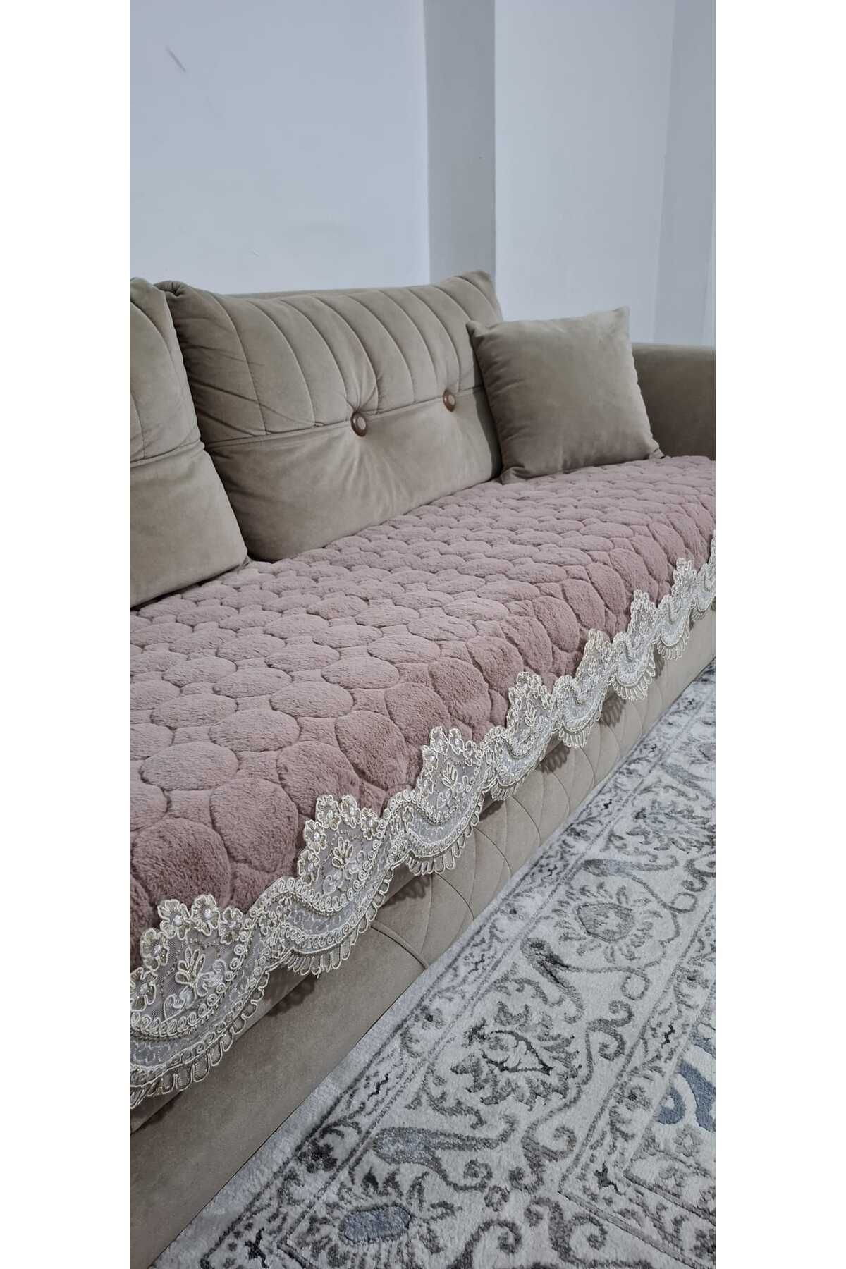 DECORA CASA HOME COLLECTİON Dantelli Puffy Bubble Tavşan Tüyü Kaymaz Taban Çekyat Koltuk Örtüsü 75x185