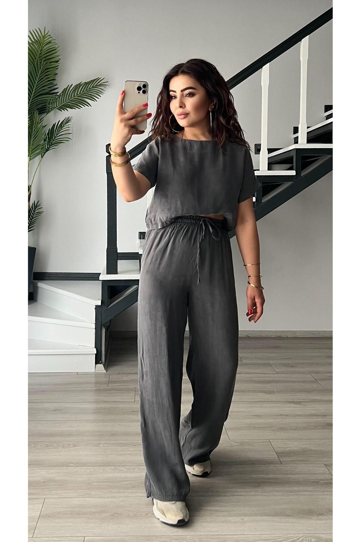 Oslove Gri Premium Tnsel Kumaş Crop-Pantolon Takım