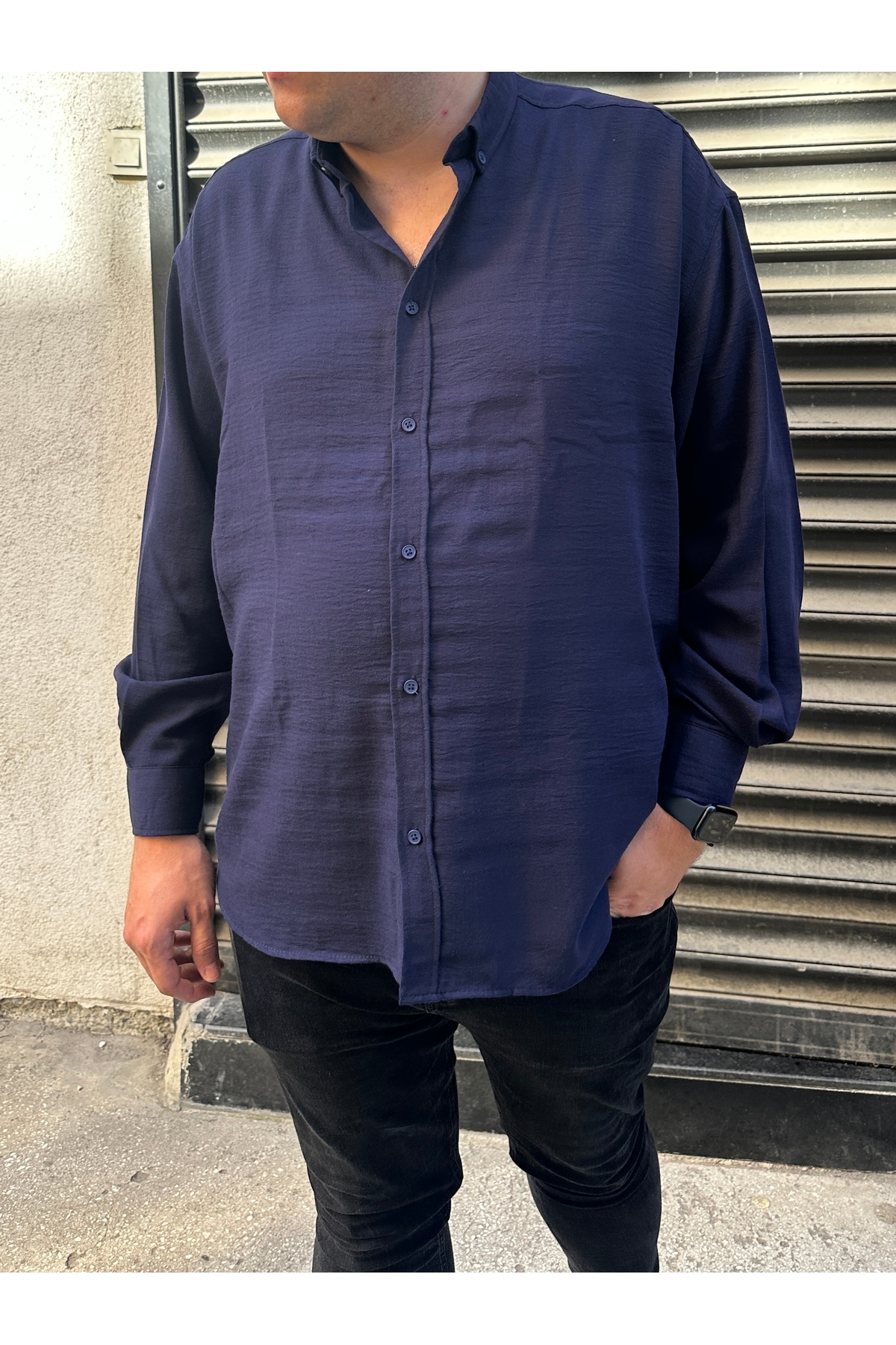 MİRMARONİ Erkek Oversize Büyük Beden Keten Görünümlü Gömlek görsel 4