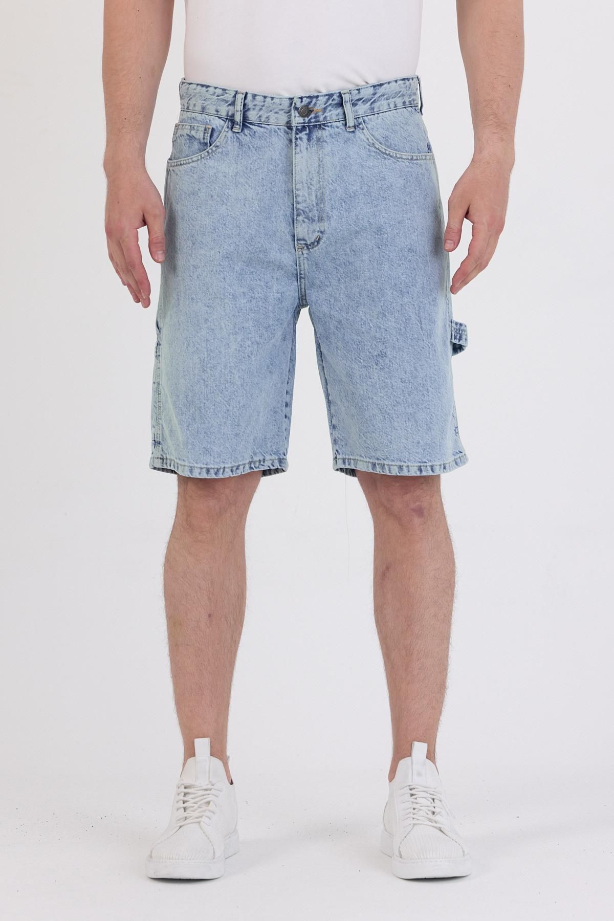 DAMGA JEANS Erkek Yüksek Bel Kargo Cepli Buz Mavi Baggy Kot Şort