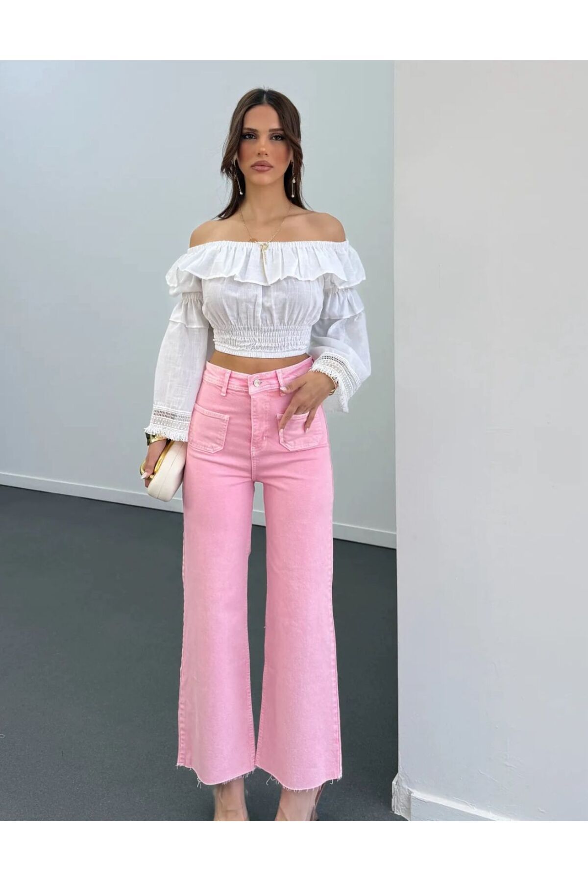 eBaa fashıon AÇIK PEMBE ÖN ÇEPLİ FLARE JEANS