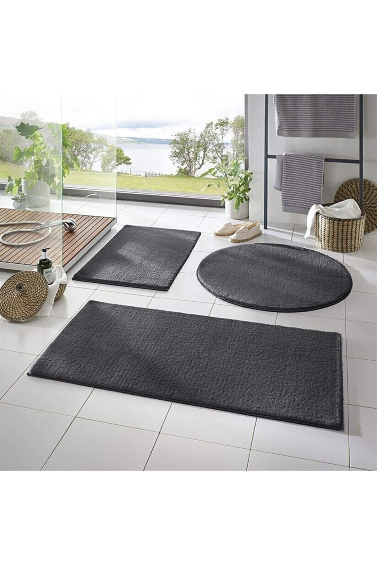 BSB HOME LİVİNG Yıkanabilir Kaymaz Taban Post Peluş Banyo Paspası Üçlü Takım Antrasit(60X100-60X60-60X40)