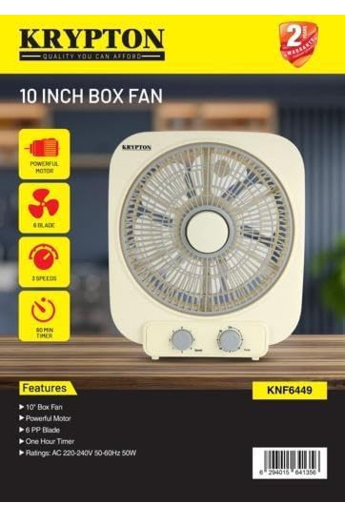 KRYPTON-Compact 10" Box Fan – 3-speed, 6 Pp Blades, Timer Function, Silent Operation 7