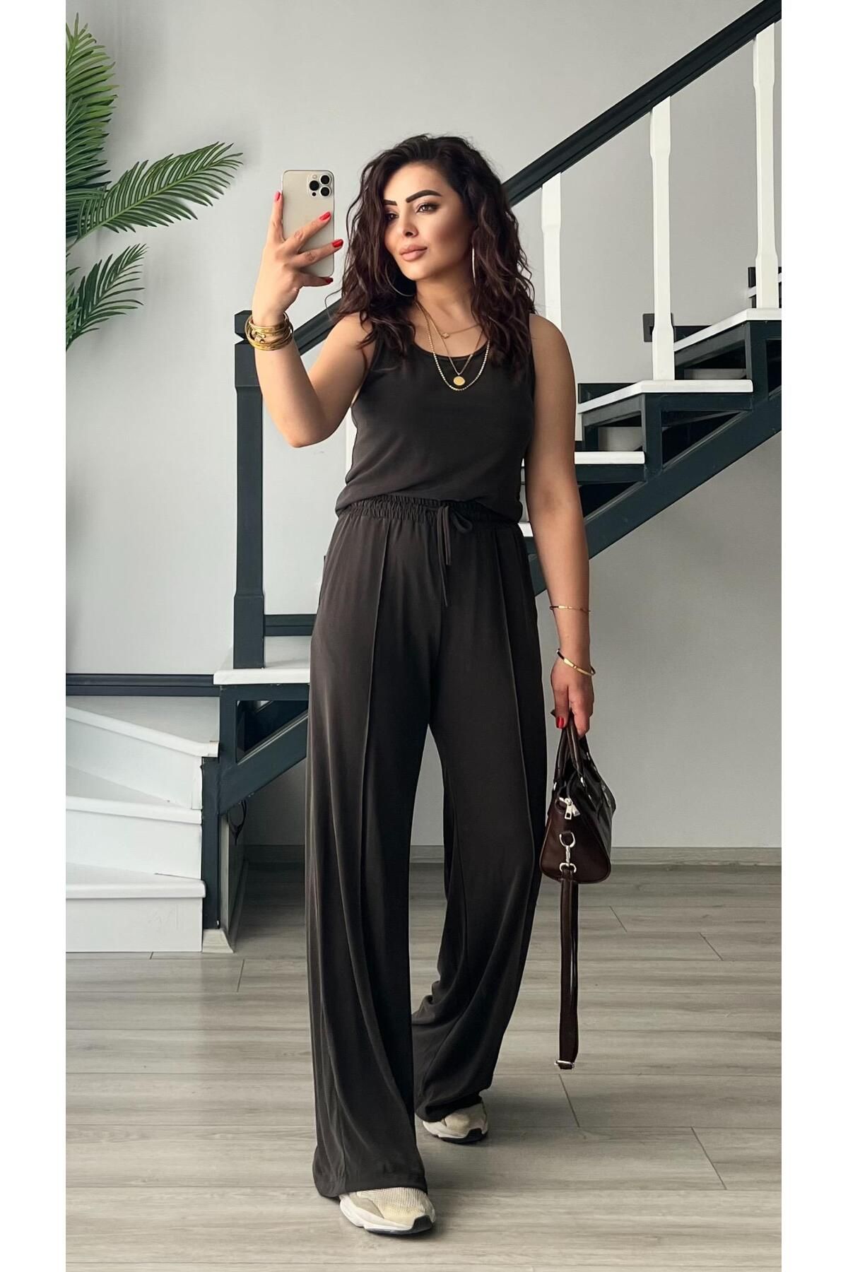 Oslove Kahve Modal Kumaş Atlet-Pantolon Takım