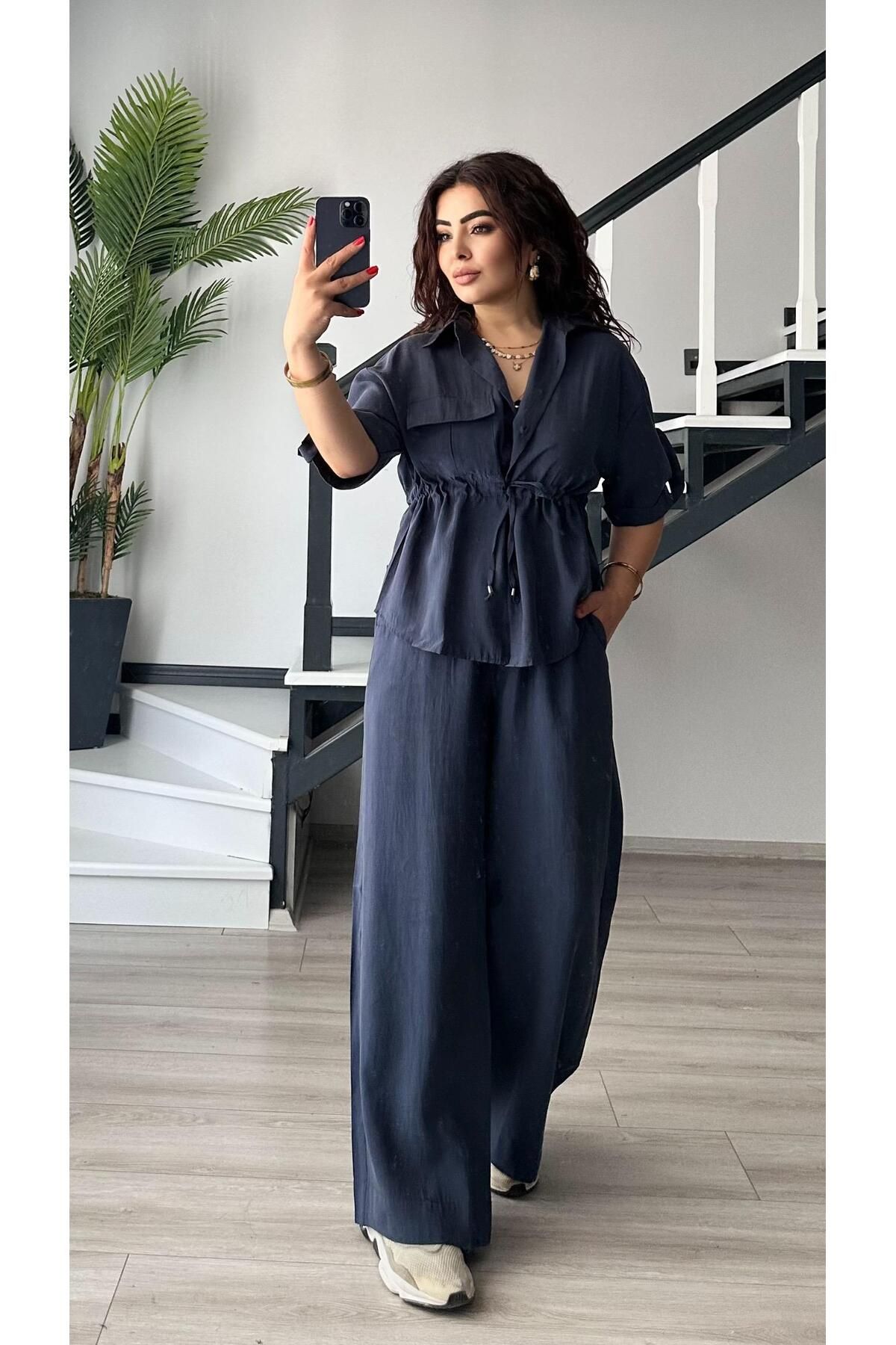 Oslove İndigo Yıkamalı Tnsel Kumaş Gömlek Pantolon Takım