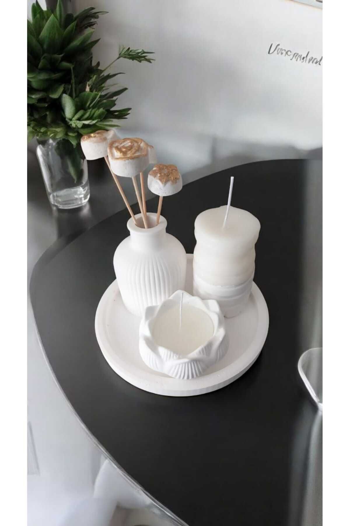AYŞEM Beyaz Çizgili Vazo,4lü Alçı Çiçek,Lotus Mum,Yuvarlak Tepsi,Silindir Alçılı Mum Set,Hediyelik