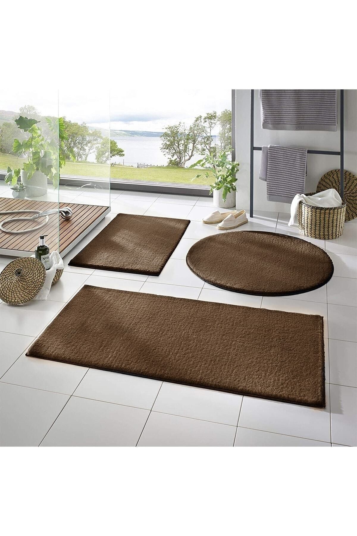 BSB HOME LİVİNG Yıkanabilir Kaymaz Taban Post Peluş Banyo Paspası Üçlü Takım Kahverengi(60X100-60X60-60X40)