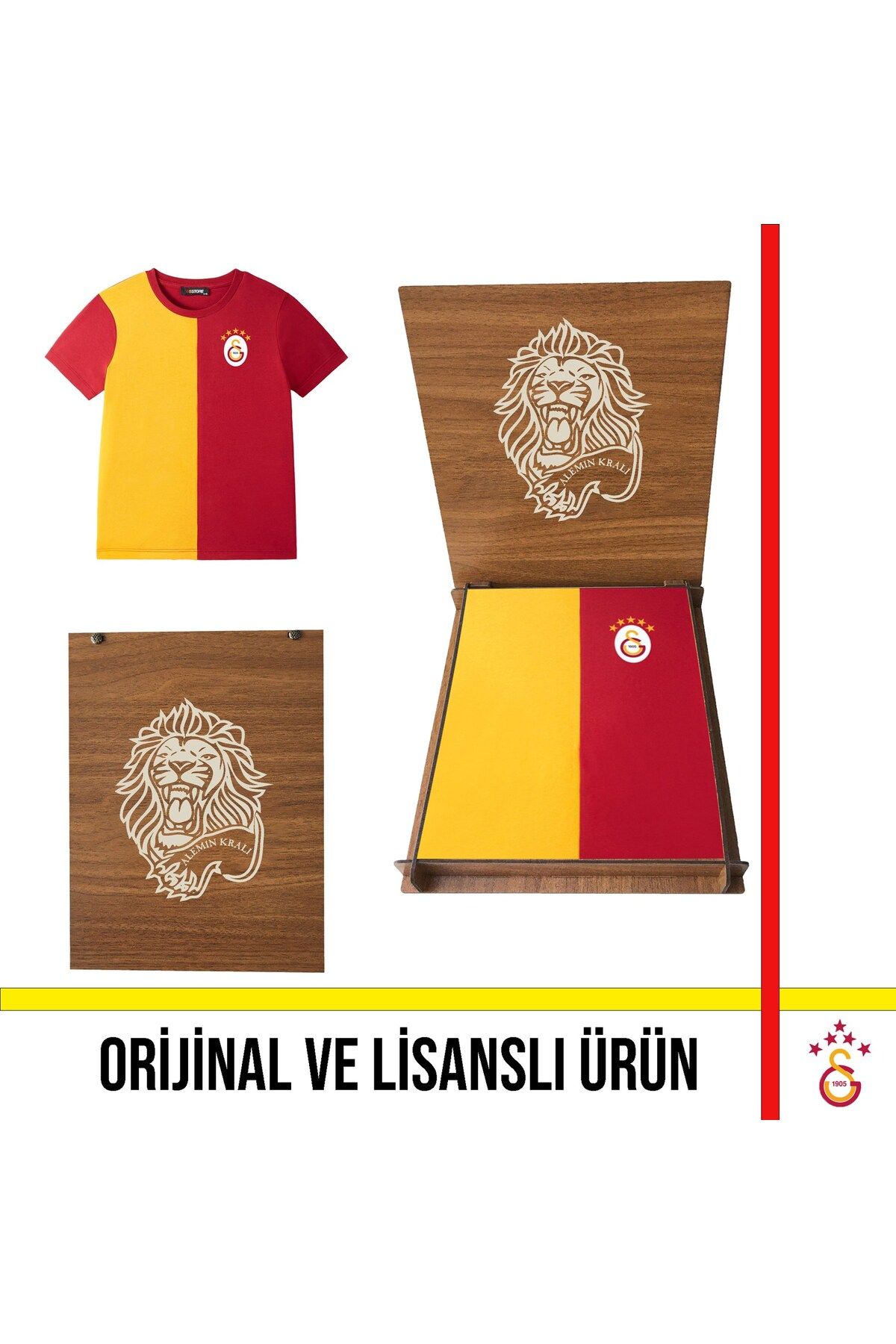 Galatasaray Lisanslı 5 yıldızlı Sarı Kırmızı Çocuk T-Shirt Hediye Aslan Ahşap Kutulu