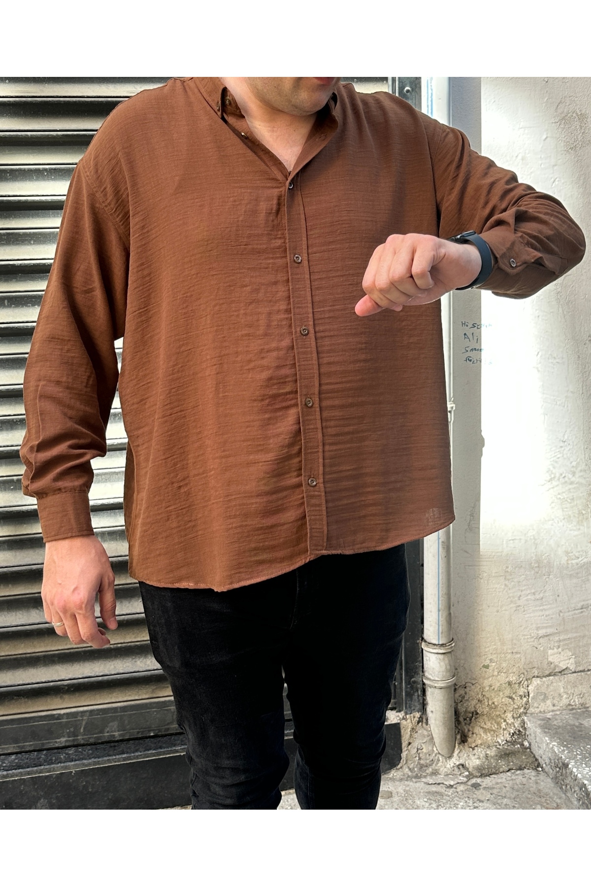 MİRMARONİ Erkek Oversize Büyük Beden Keten Görünümlü Gömlek görsel 5