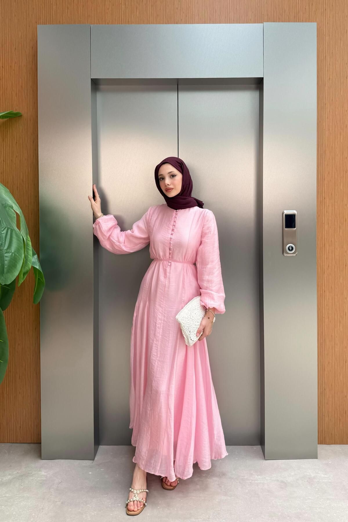 QUQA Düğmeli Şifon Elbise - Pembe