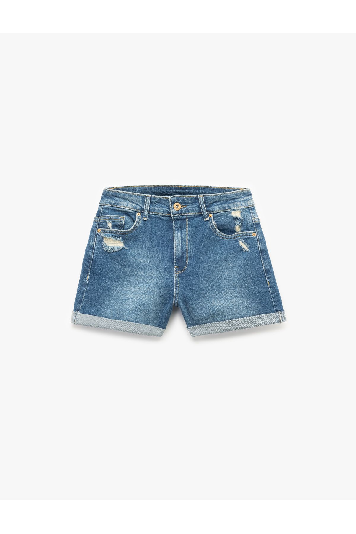Koton Katlı Paça Yıpratılmış Düğmeli Cepli Skinny Fit Mini Denim Şort