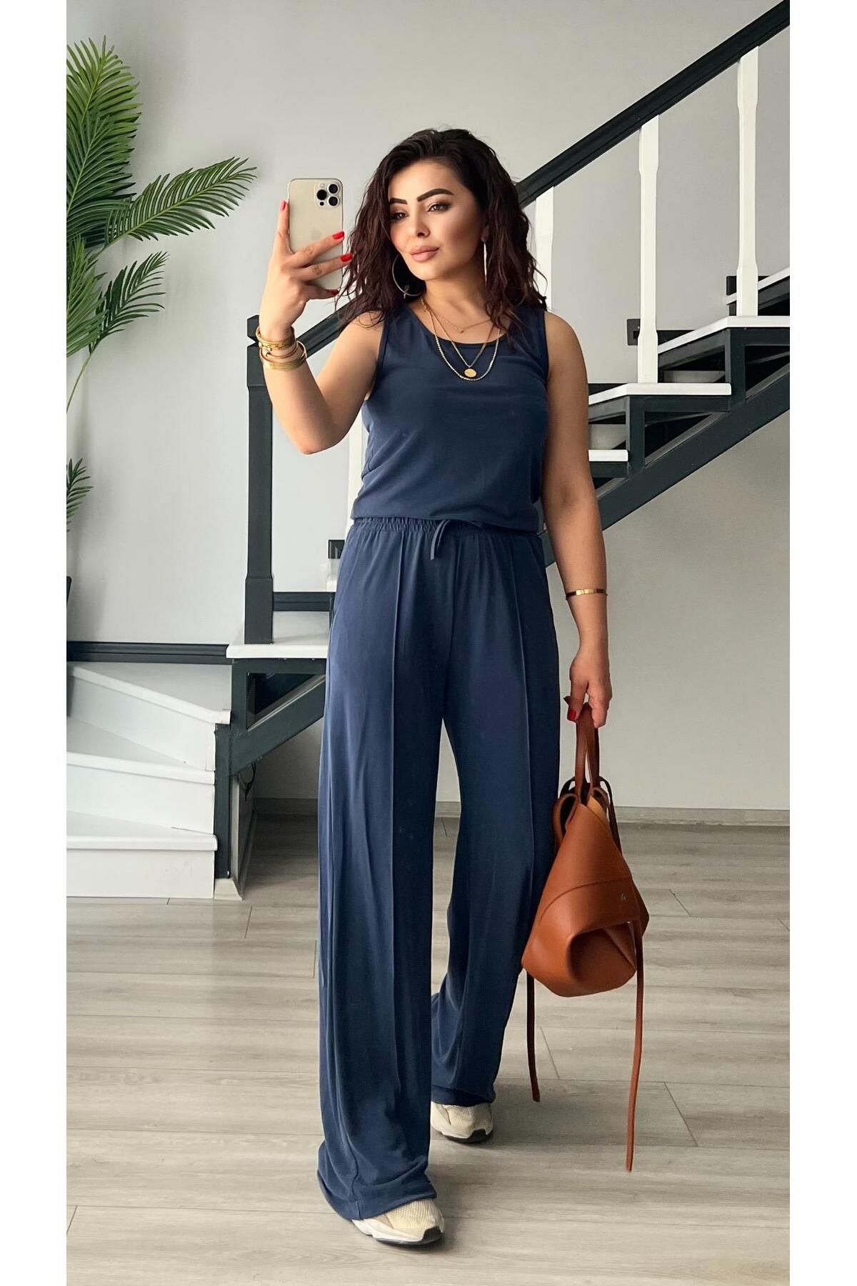Oslove Lacivert Modal Kumaş Atlet-Pantolon Takım